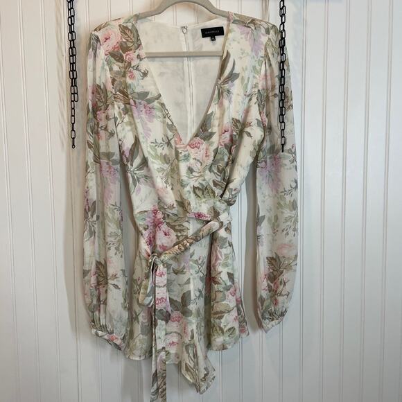 Majorelle Rosebud Floral Belted Faux Wrap Long Sleeve Romper Size M Boho Chic - Picture 2 of 11